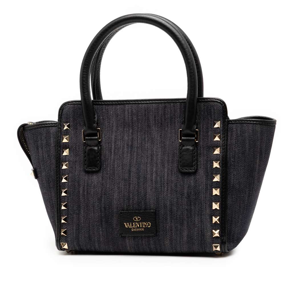 Valentino Small Denim Rockstud Trapeze Satchel - 2