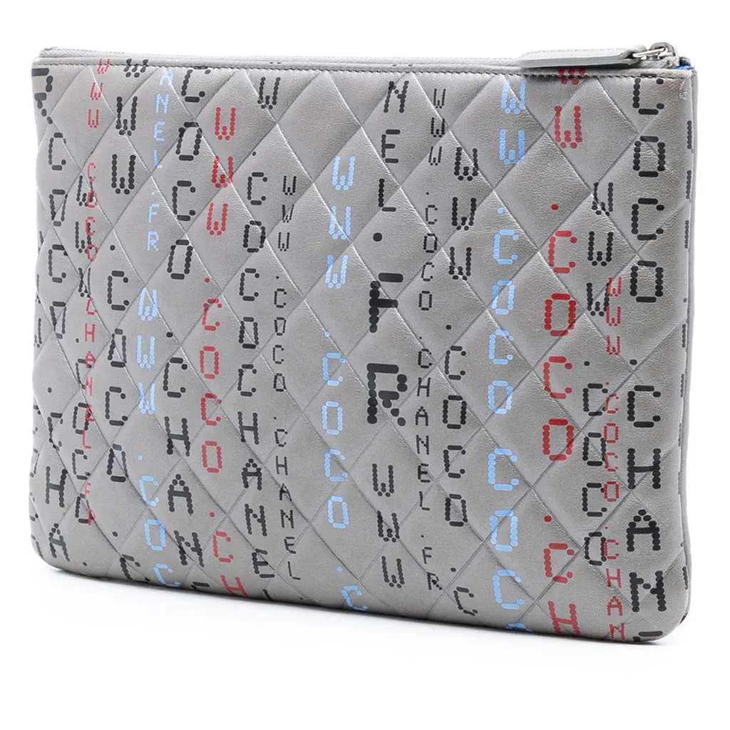 Chanel Medium Quilted Lambskin Data Center O Case Clutch Grey Leather Very good - Back View
