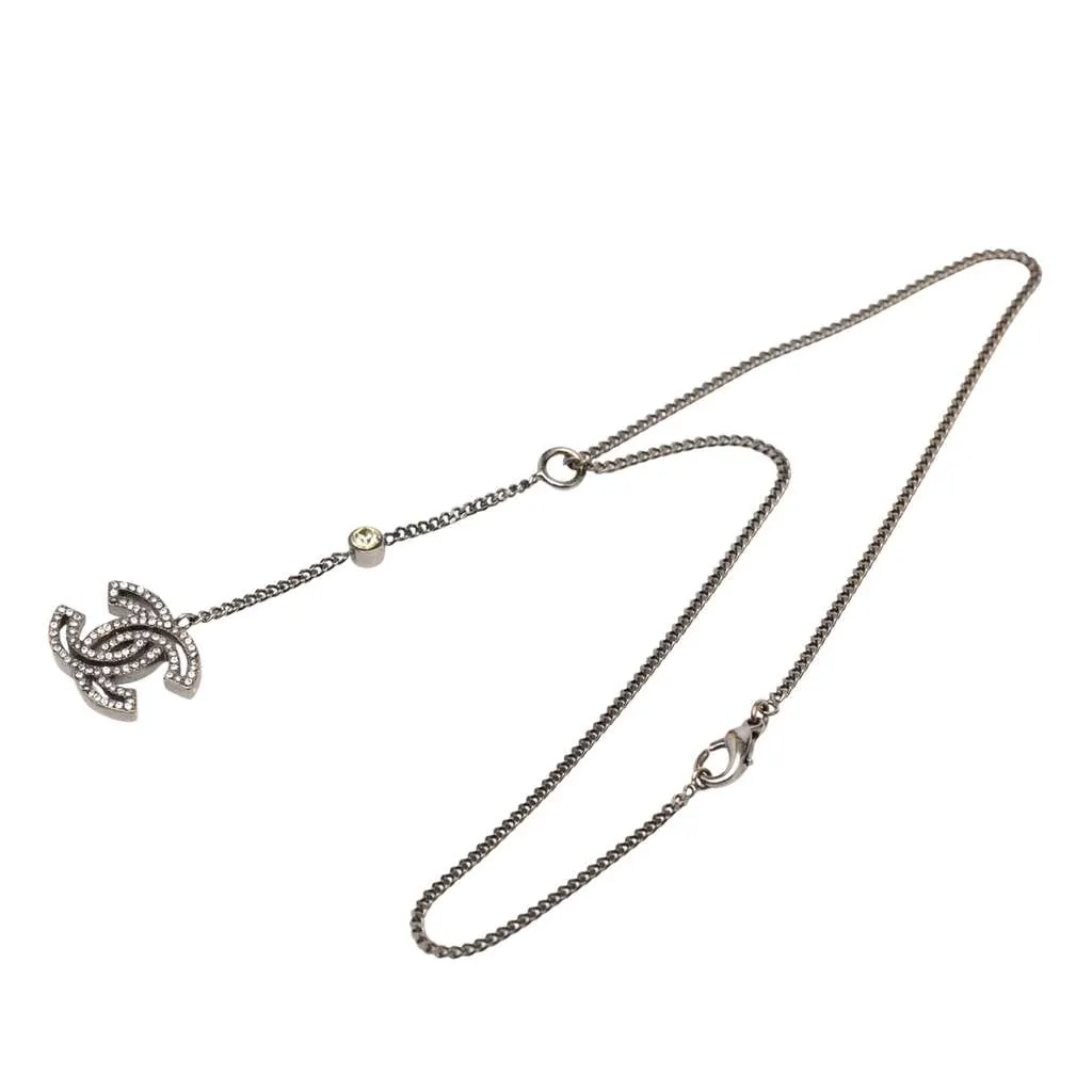 Chanel Silver Plated Rhinestone CC Drop Pendant Necklace Silver Metal Good - Front View