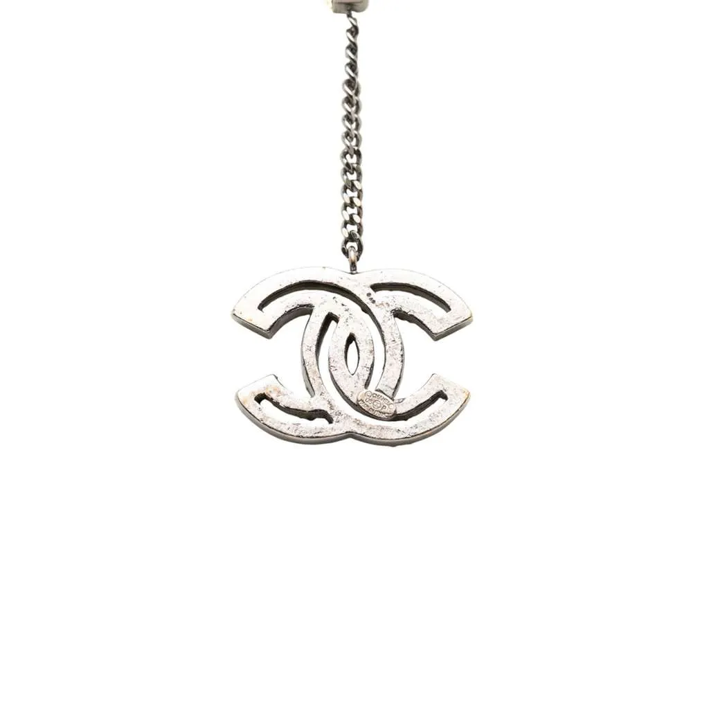 Chanel Silver Plated Rhinestone CC Drop Pendant Necklace Silver Metal Good - Back View