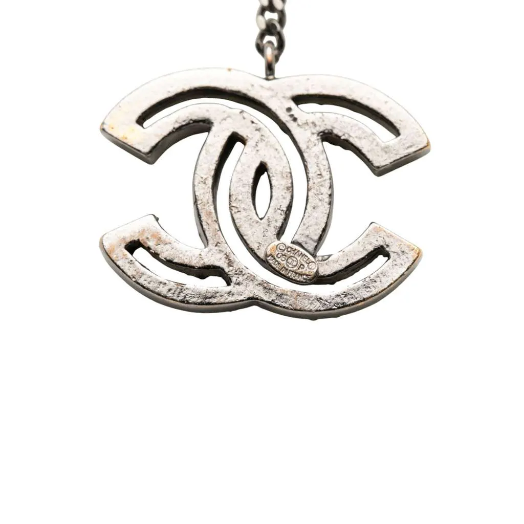 Chanel Silver Plated Rhinestone CC Drop Pendant Necklace Silver Metal Good - Inside View