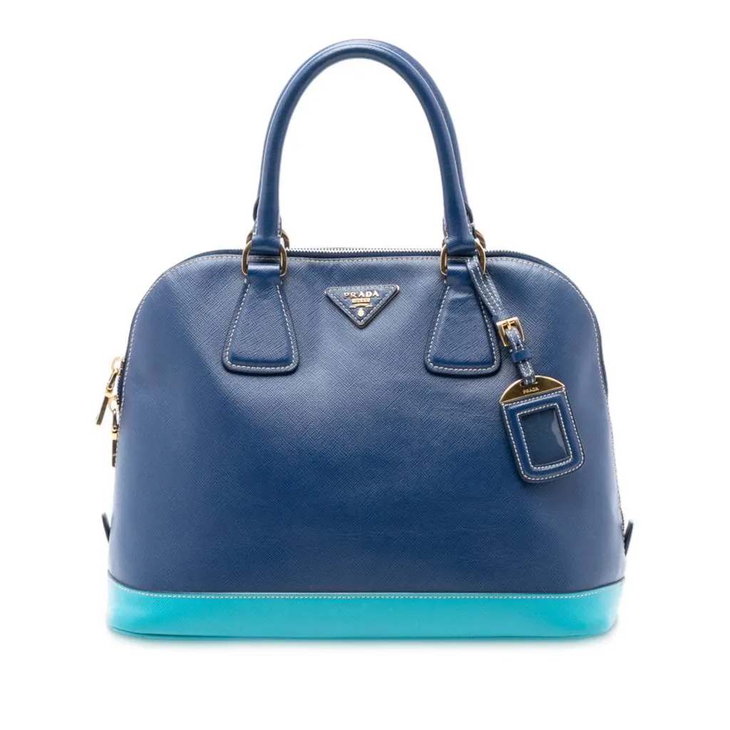 Prada Bicolor Saffiano Lux Promenade Dome Handbag Blue Leather Good - Front View