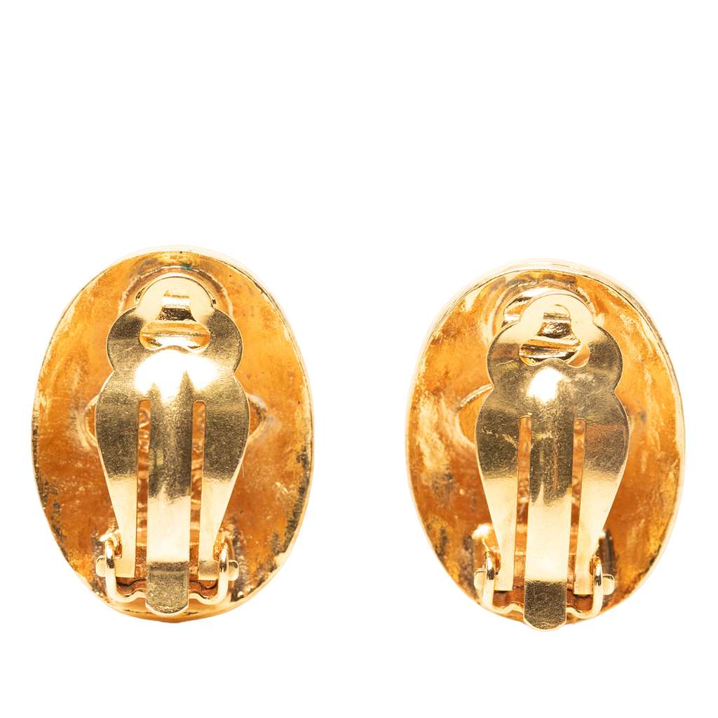 Chanel CC Gold Plated Logo Oval Clip On Earrings - 2