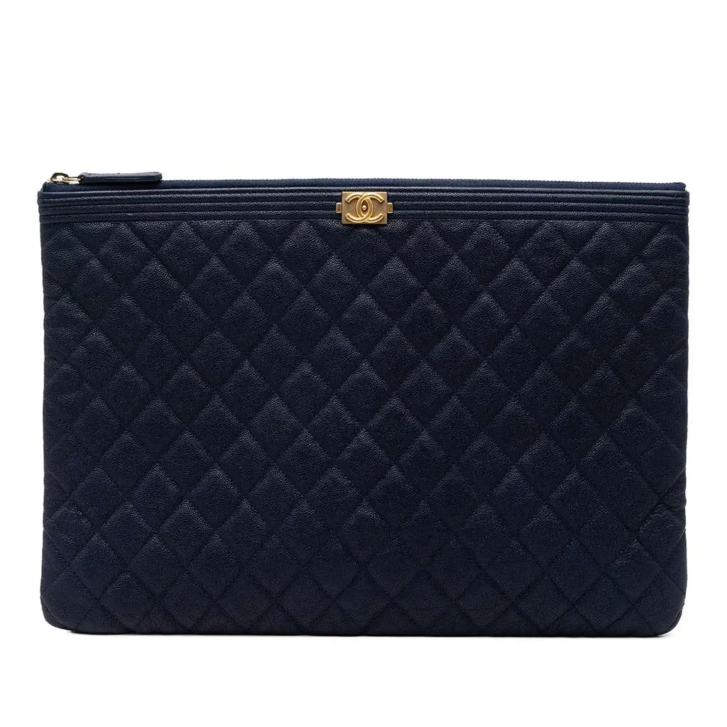 Chanel Large Quilted Caviar Boy O Case Clutch Blue Leather Good - Front View