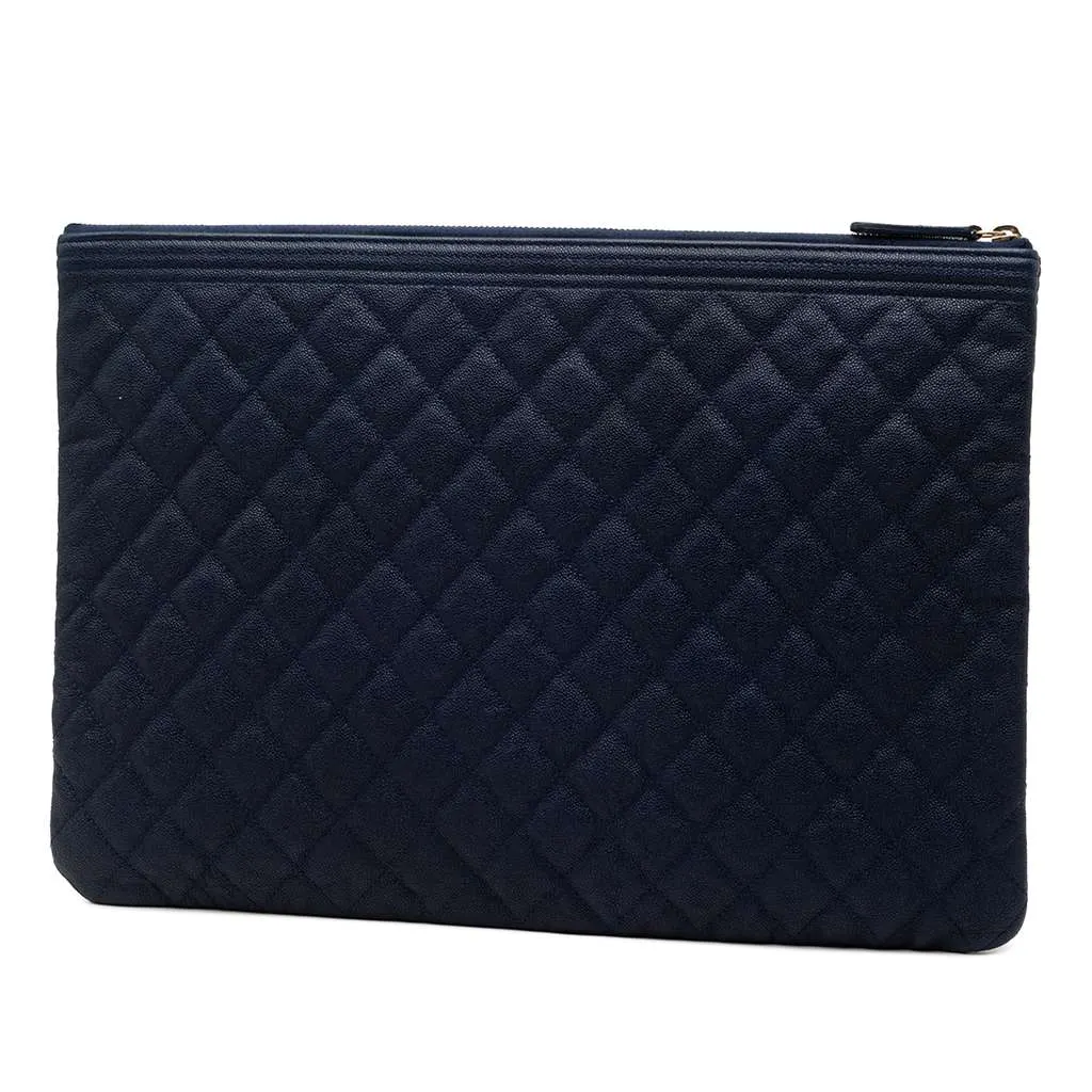 Chanel Large Quilted Caviar Boy O Case Clutch Blue Leather Good - Back View