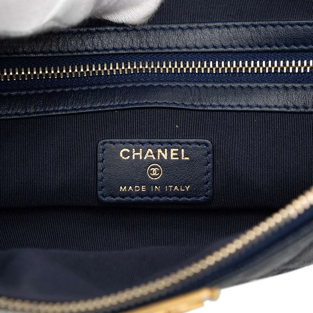 Chanel Large Quilted Caviar Boy O Case Clutch Blue Leather Good - Box View