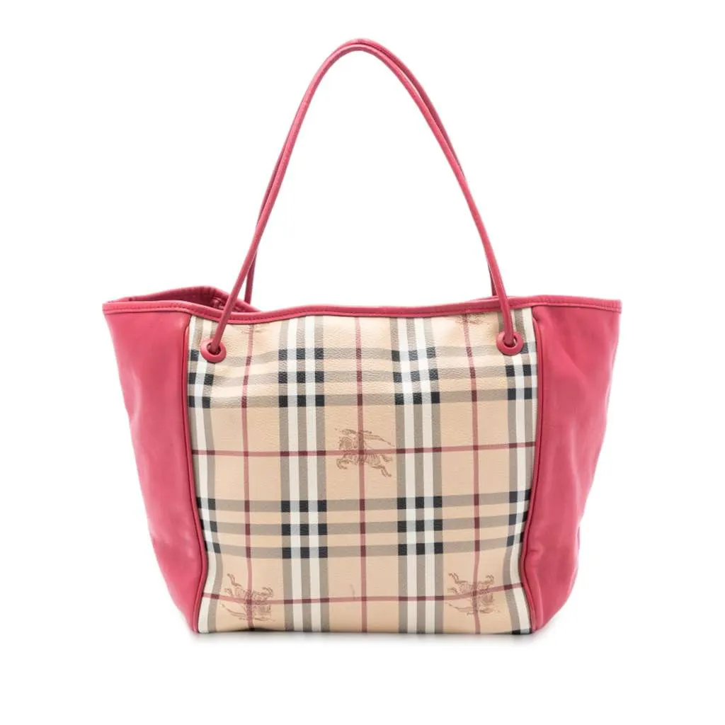 Burberry Small Leather Trimmed Haymarket Check Coated Canvas Canterbury Tote Brown Canvas Very good - Front View