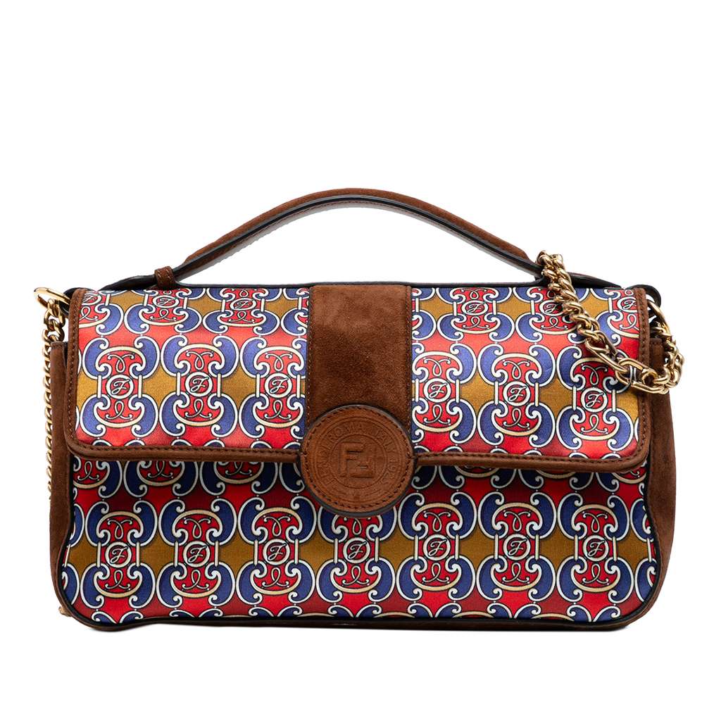 Fendi Printed Satin and Suede Double F Baguette Satchel