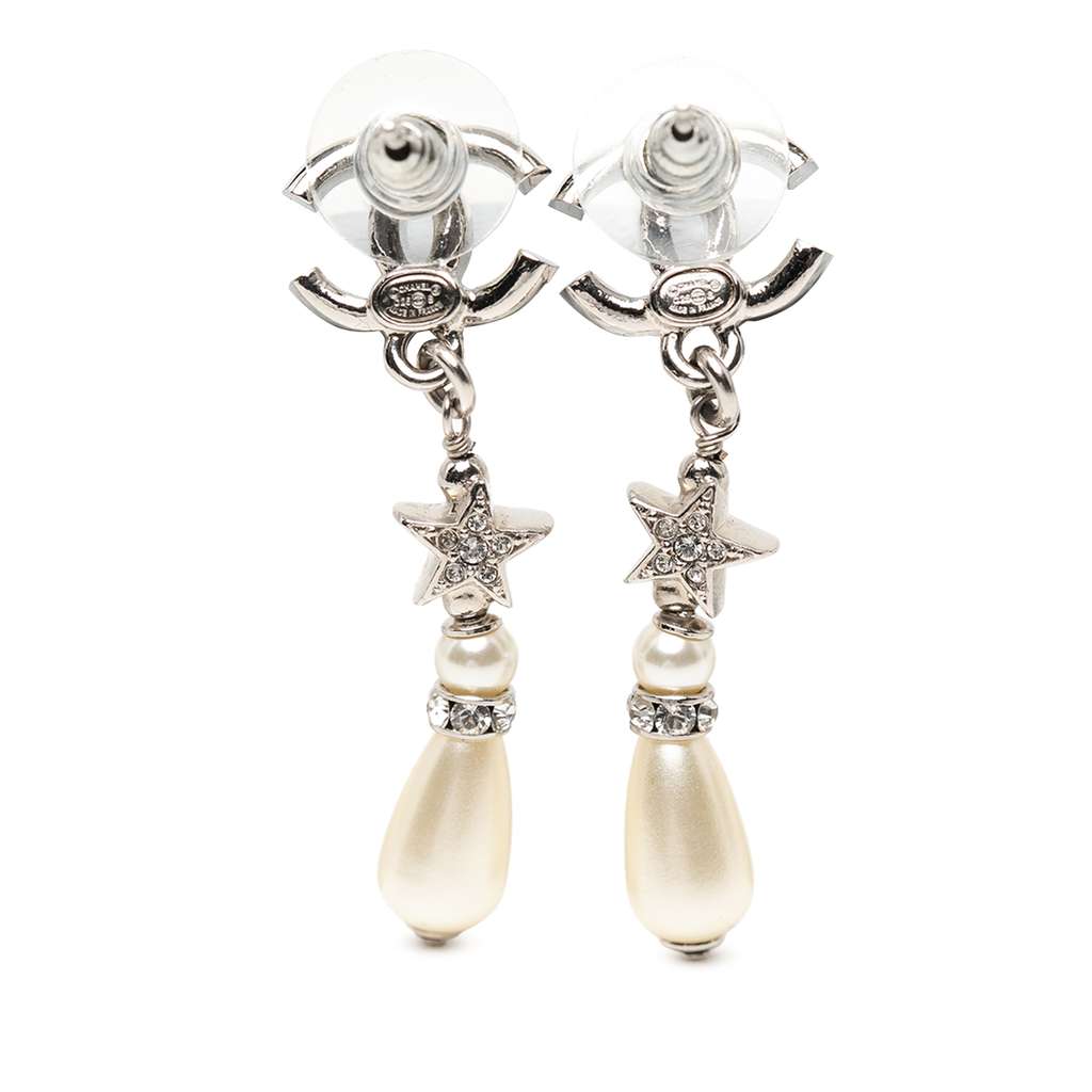 Chanel Silver Plated CC Rhinestones Faux Pearl Star Drop Push Back Earrings - 2