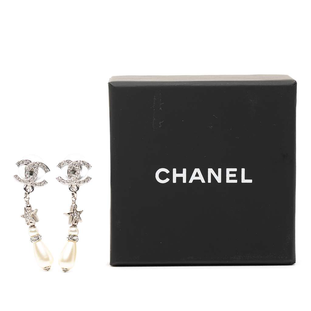 Chanel Silver Plated CC Rhinestones Faux Pearl Star Drop Push Back Earrings - 4