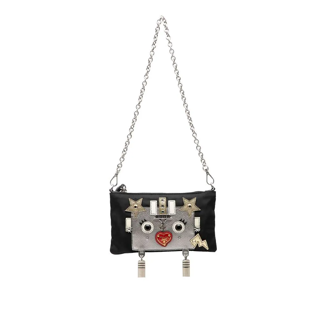 Prada Tessuto Saffiano Robot Chain Shoulder Bag Black Good - Front View