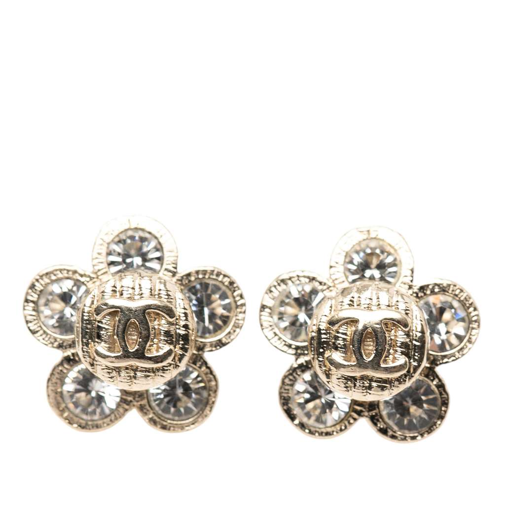 Chanel Gold Plated CC Crystal Floral Push Back Earrings