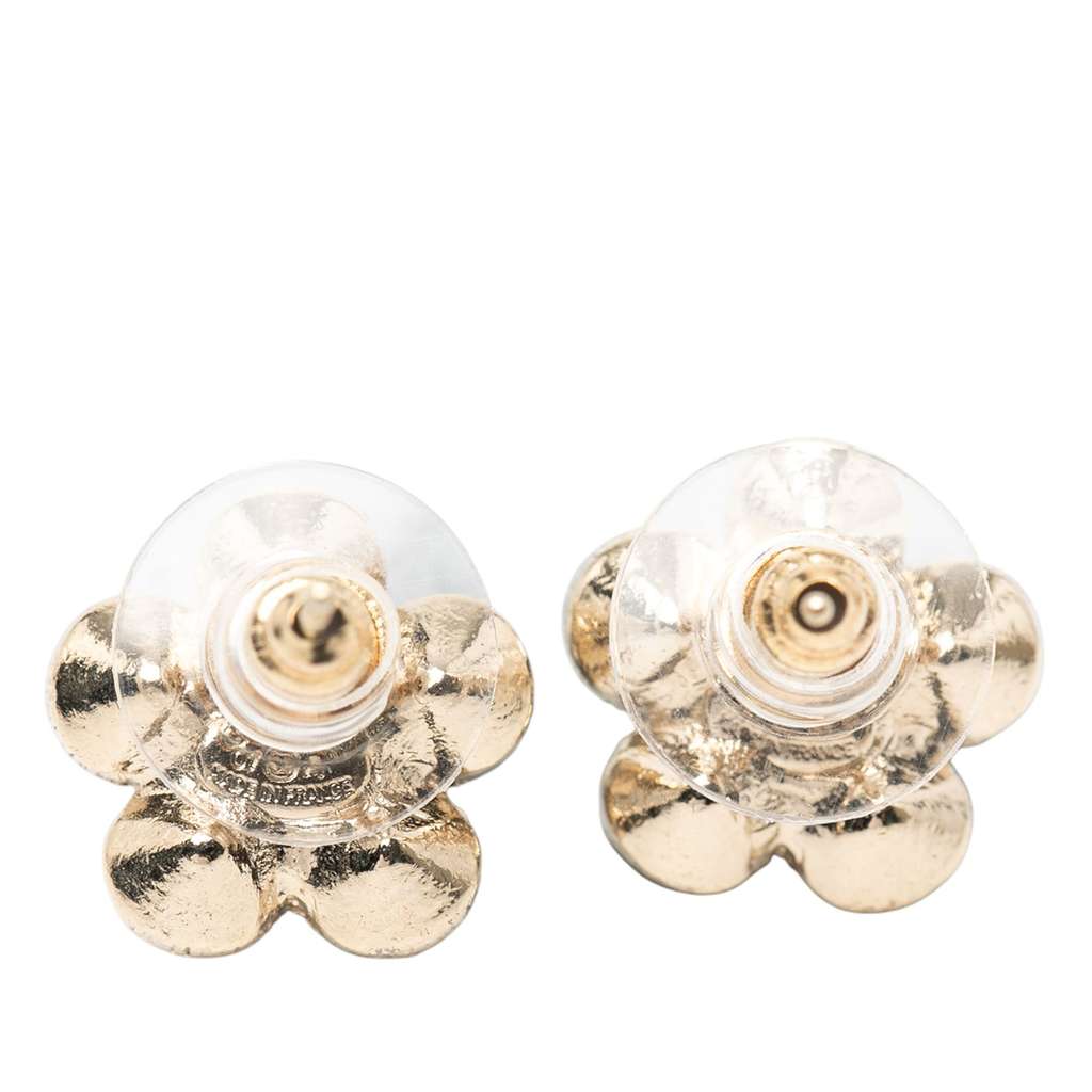 Chanel Gold Plated CC Crystal Floral Push Back Earrings - 2