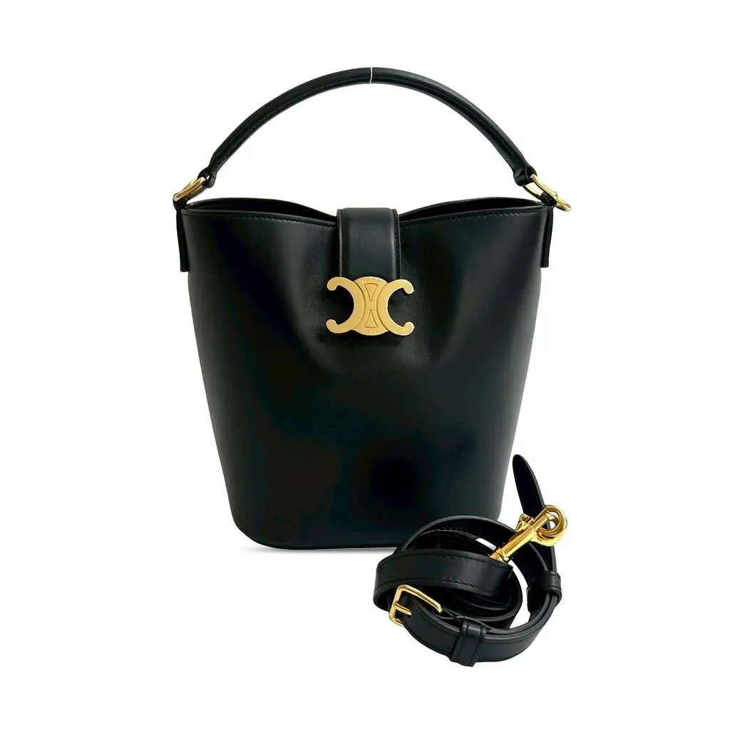 Celine Small Smooth Calfskin Louise Bucket Bag Black Leather Good - Front View