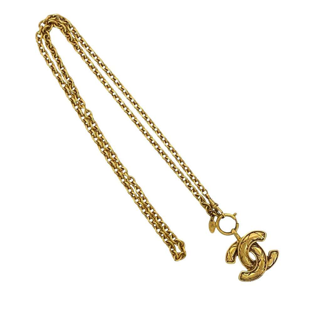 Chanel CC Gold Plated Quilted Pendant Necklace