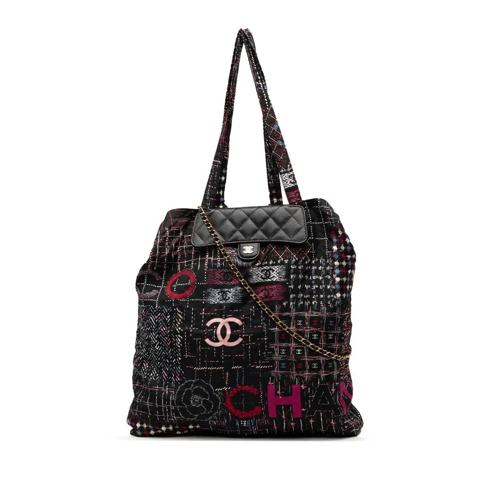 Chanel Nylon Graffiti Foldable Shopping Tote in Caviar Flap Black Leather Good - Front View