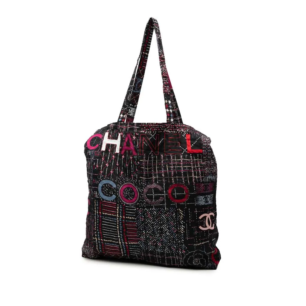 Chanel Nylon Graffiti Foldable Shopping Tote in Caviar Flap Black Leather Good - Back View