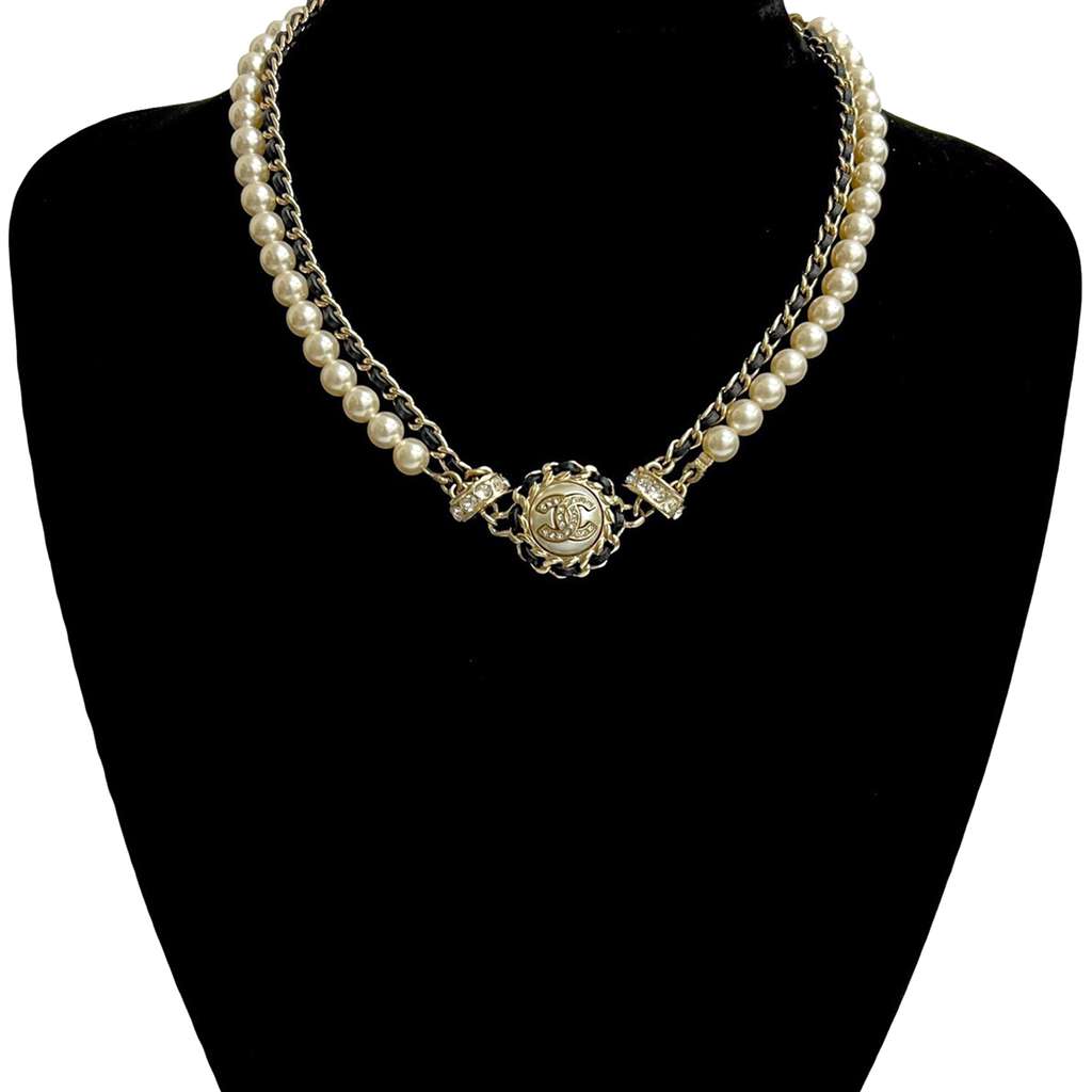 Chanel CC Gold Plated Faux Pearl and Rhinestone Medallion Chain Necklace - 5