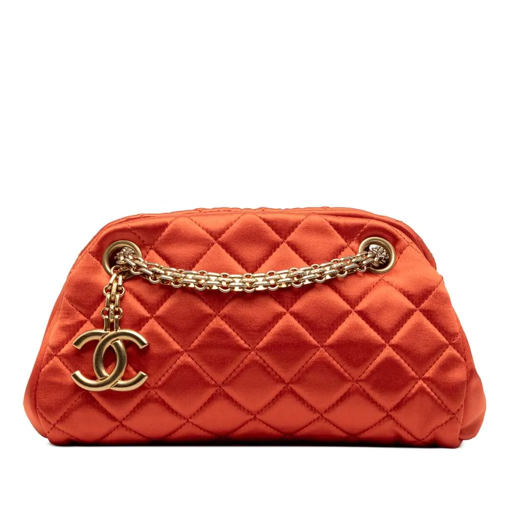 Chanel Small Satin Just Mademoiselle Bowling Bag Red Satin Good - Front View