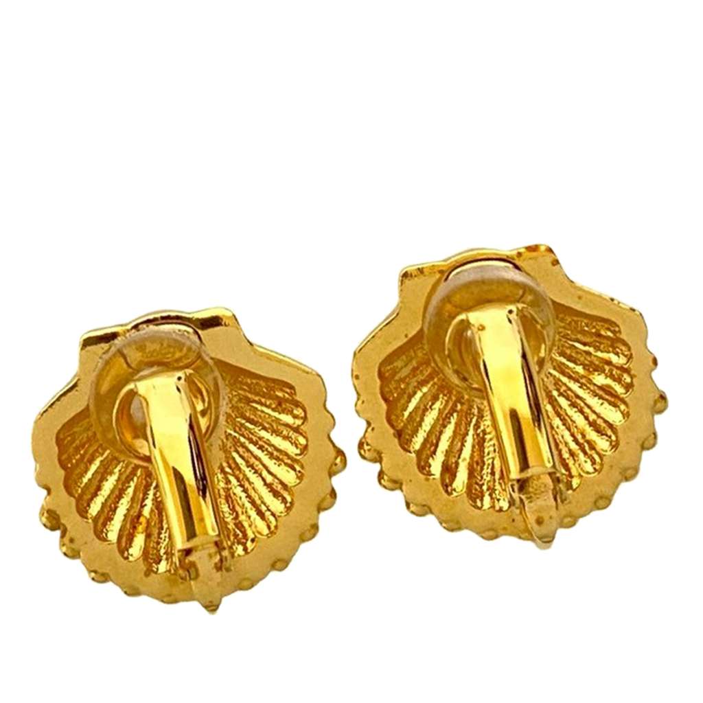 Chanel CC Gold Plated Rhinestone Shell Clip On Earrings - 2