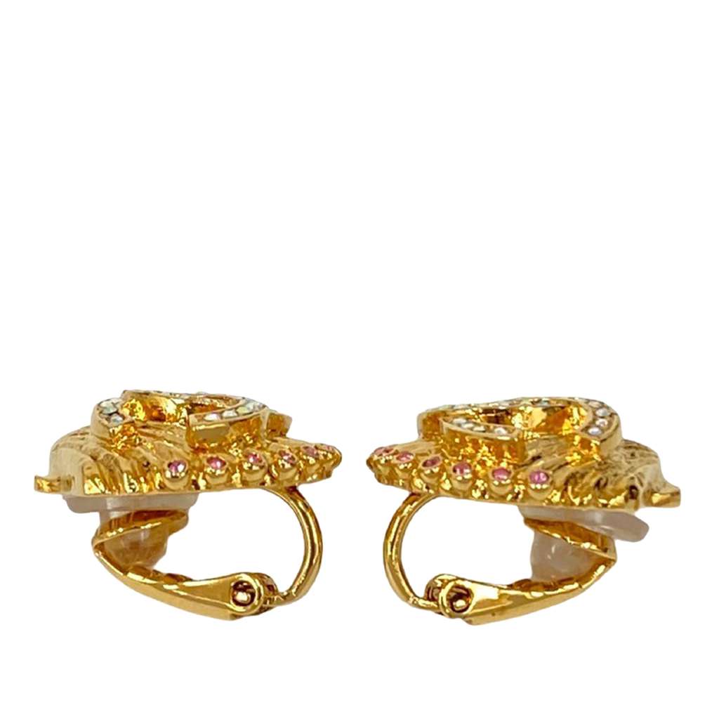 Chanel CC Gold Plated Rhinestone Shell Clip On Earrings - 3