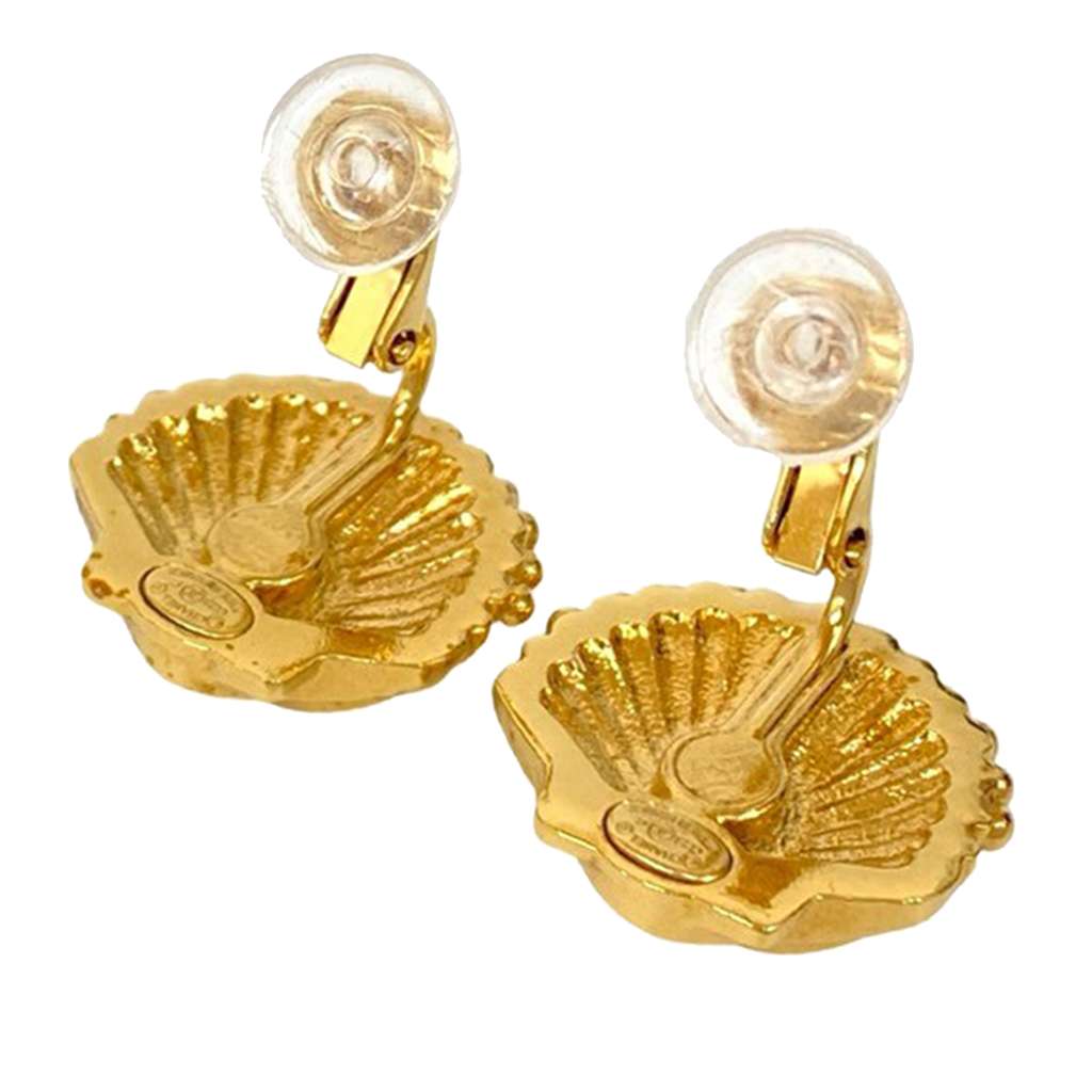 Chanel CC Gold Plated Rhinestone Shell Clip On Earrings - 4