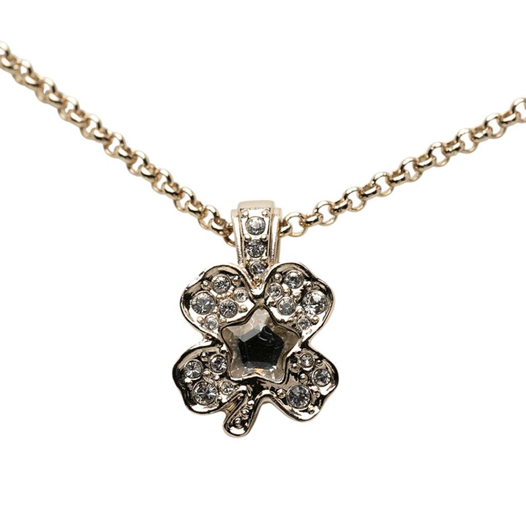 Chanel Gold Plated Crystal Clover Pendant Necklace