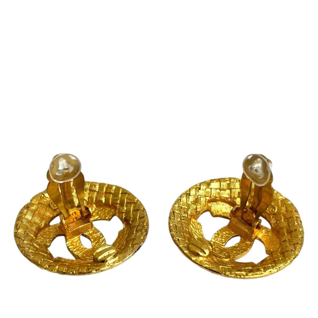 Chanel CC Gold Plated Tweed Effect Earrings - 2