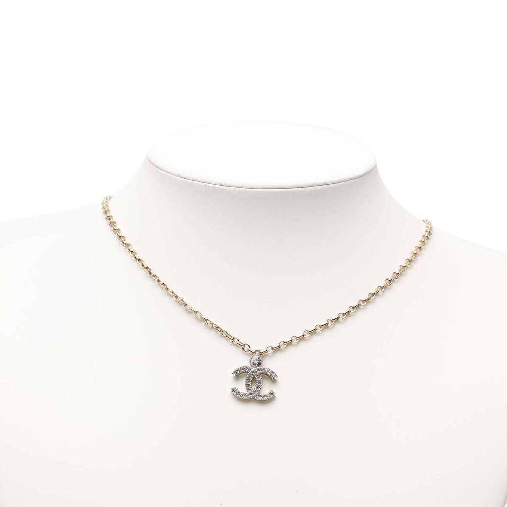 Chanel CC Silver Plated Rhinestone Pendant Necklace