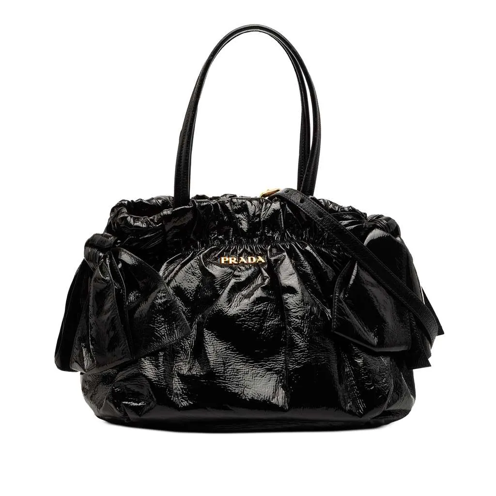 Prada Vernice Gaufre Bow Satchel Black Leather Good - Front View
