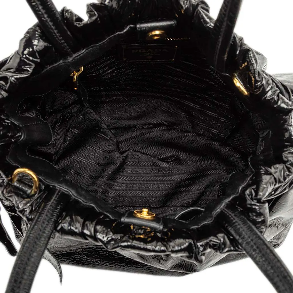 Prada Vernice Gaufre Bow Satchel Black Leather Good - Model View