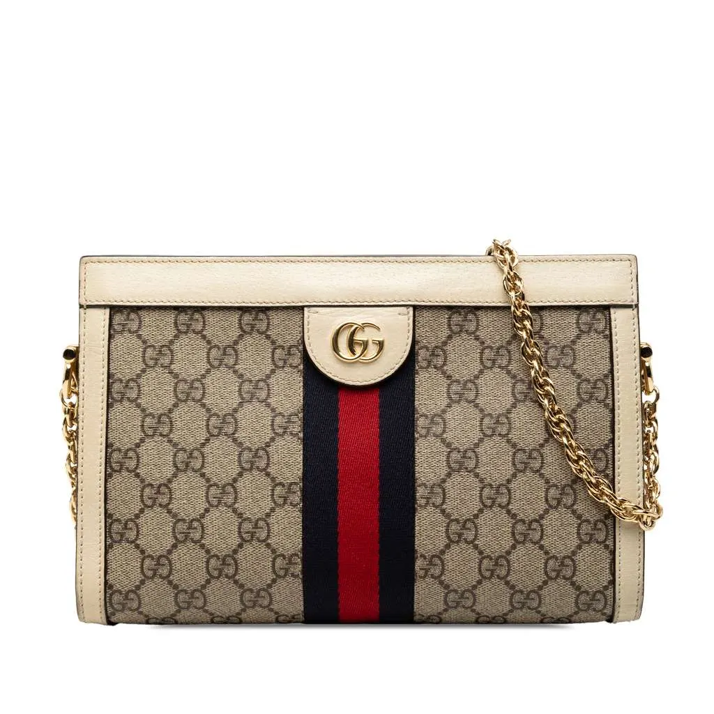 Gucci Small GG Supreme Web Ophidia Chain Crossbody Brown Canvas Good - Front View