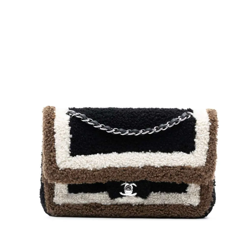Chanel Medium Classic Tricolor Shearling Double Flap Black Very good - Front View
