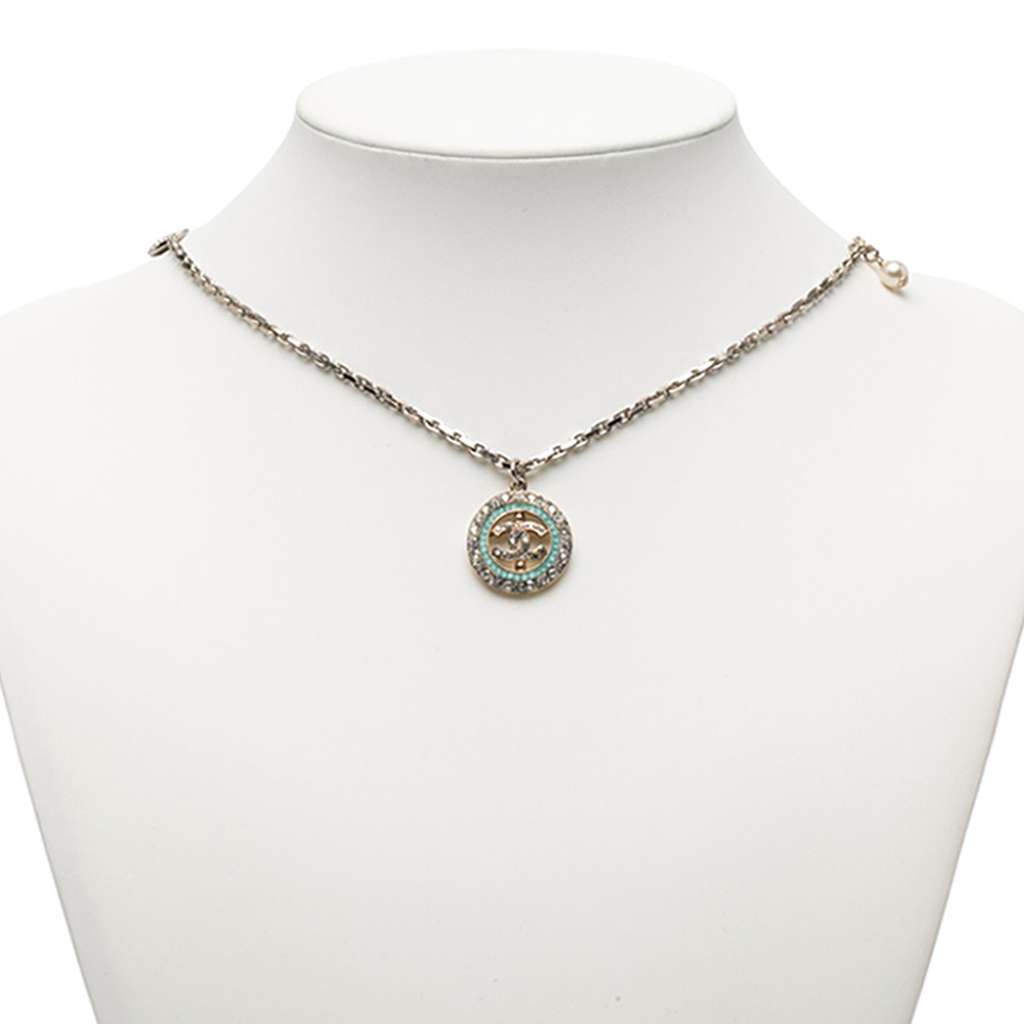 Chanel CC Silver Plated and Gold Plated Faux Pearl Rhinestone Pendant Necklace - 5