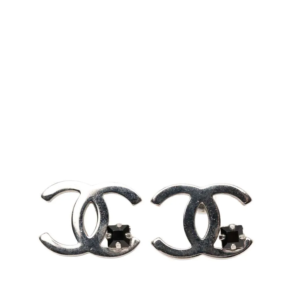 Chanel Silver Plated CC Rhinestone Push Back Earrings Silver Metal Very good - Front View