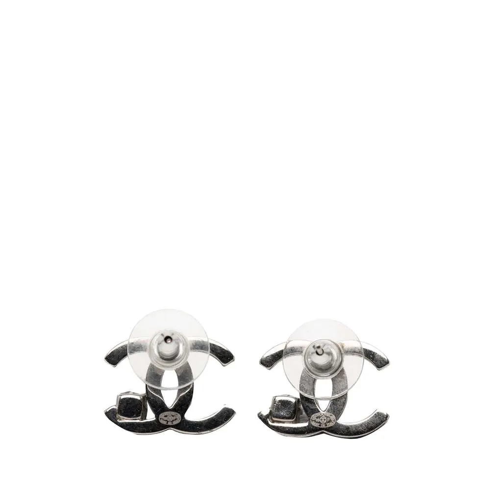 Chanel Silver Plated CC Rhinestone Push Back Earrings Silver Metal Very good - Back View