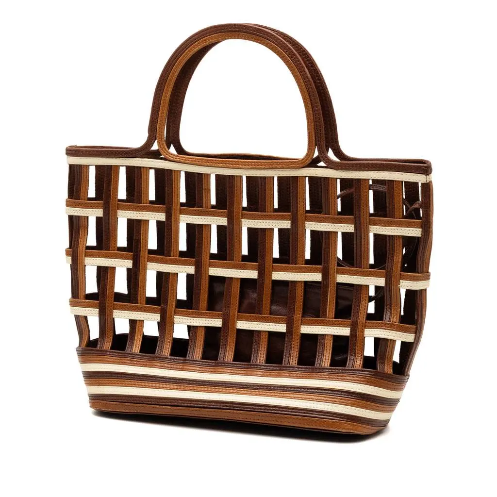 Prada Mini Leather Lattice Tote Brown Leather Good - Back View
