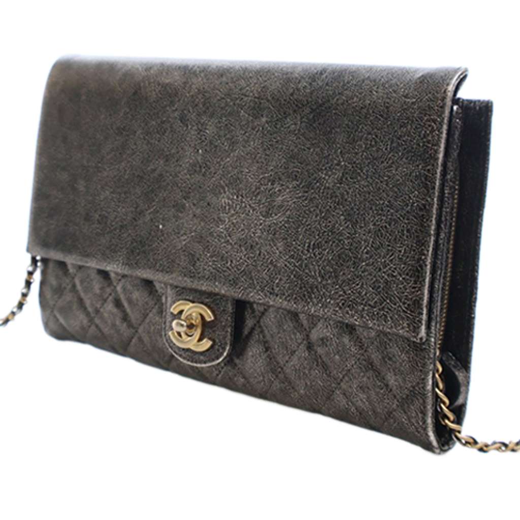 Chanel Cracked Metallic Calfskin Zip Away Chain Clutch - 3