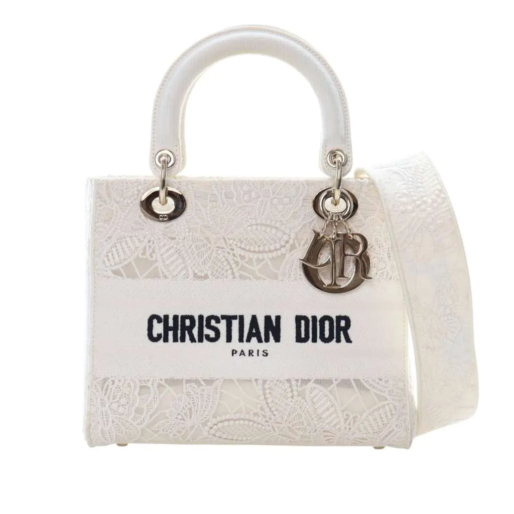 Dior Medium Embroidered Lace 3D Macrame Lady D Lite White Good - Front View