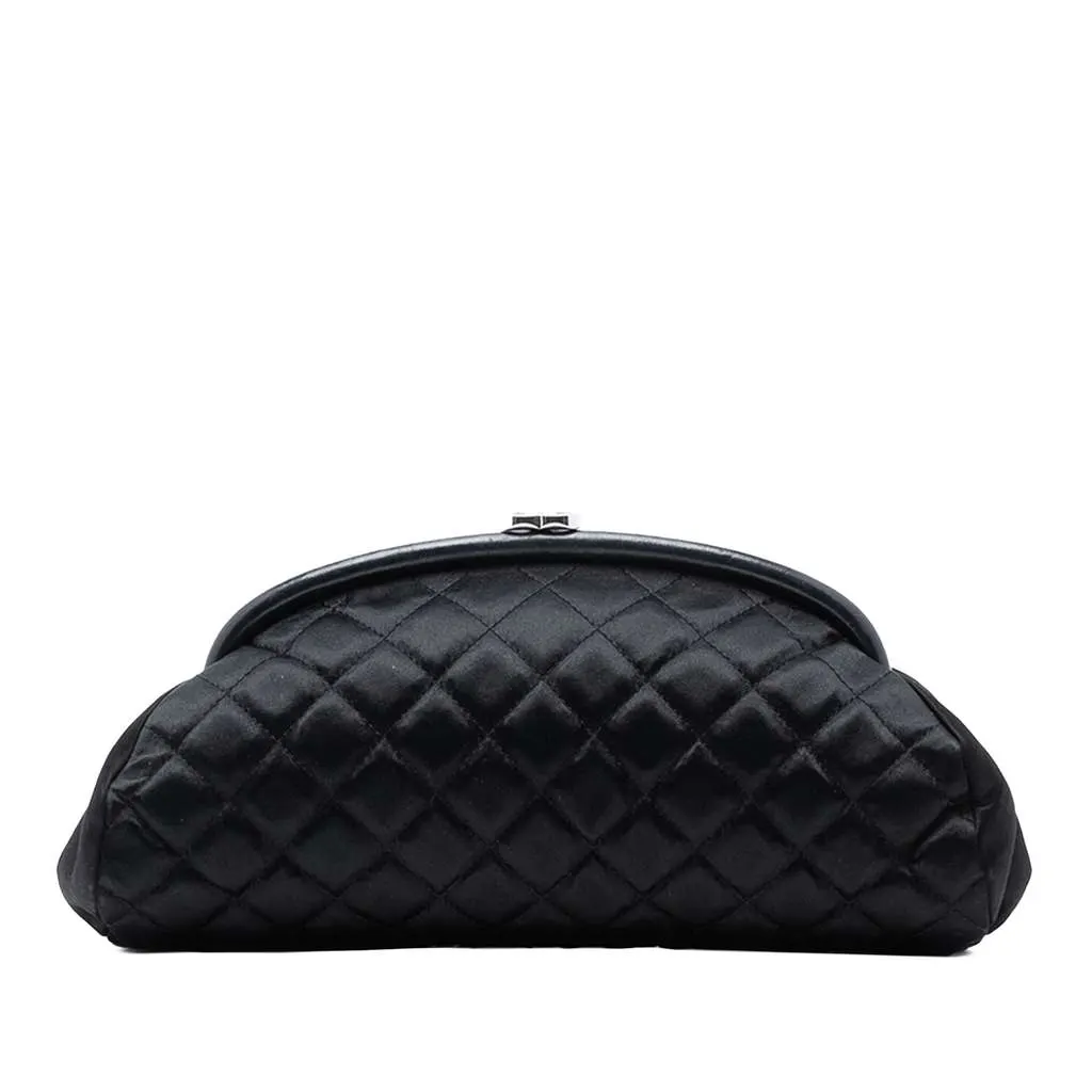 Chanel Quilted Satin Timeless Clutch Black Satin Good - Front View