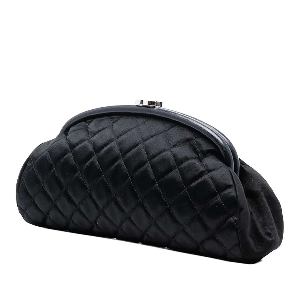 Chanel Quilted Satin Timeless Clutch Black Satin Good - Back View