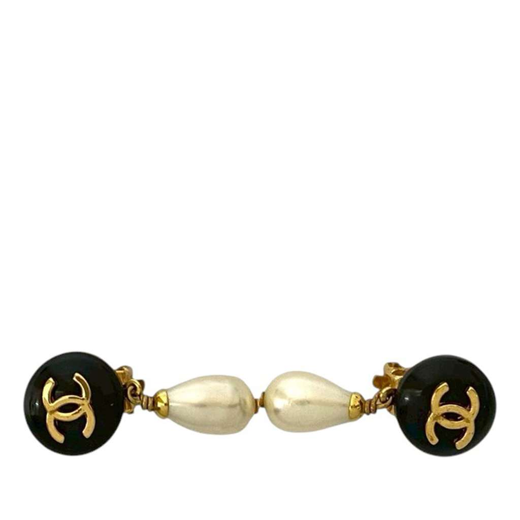Chanel CC Gold Plated Faux Pearl and Resin Drop Earrings - 4
