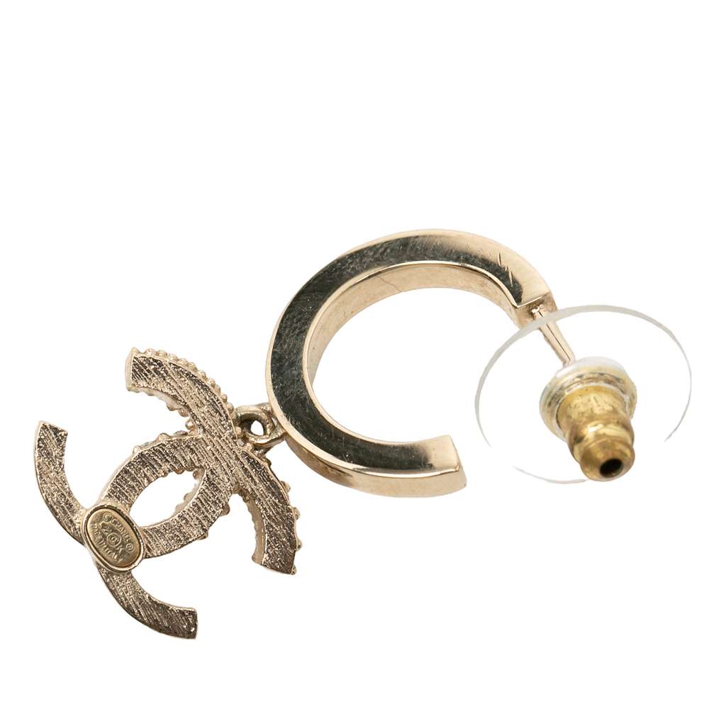 Chanel Gold Plated Crystal CC Drop Hoop Push Back Earrings - 3