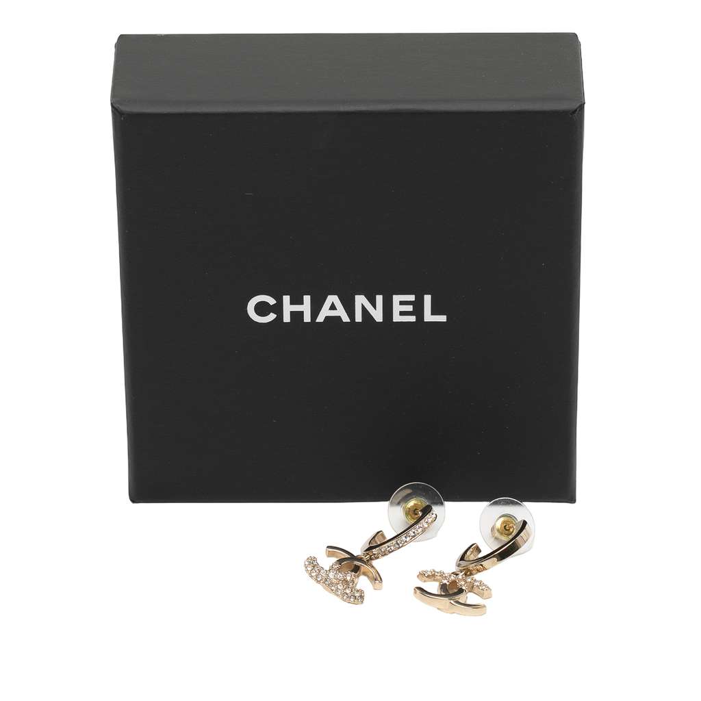 Chanel Gold Plated Crystal CC Drop Hoop Push Back Earrings - 4