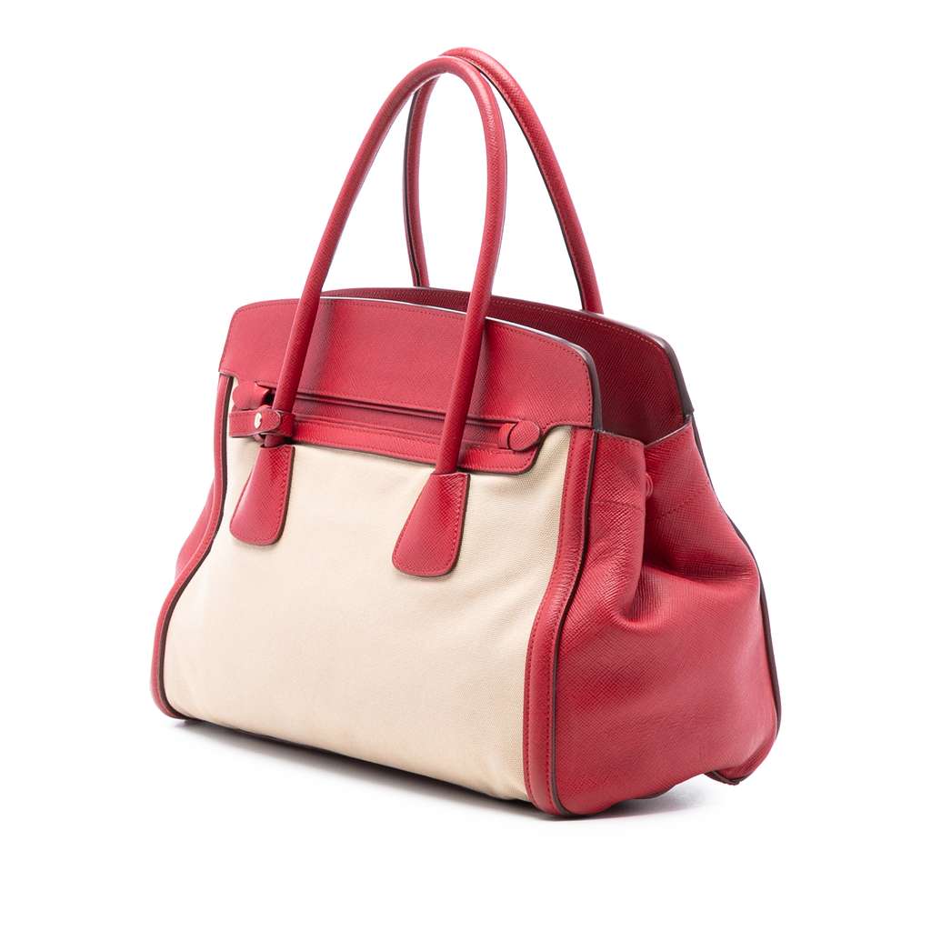 Prada Bicolor Saffiano Cuir Trimmed Canvas Satchel - 2