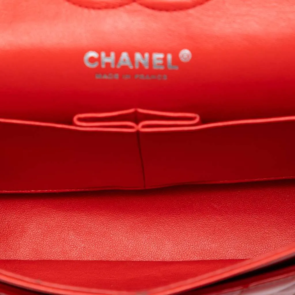 Chanel Medium Classic Patent Double Flap Red Leather Good - Model View