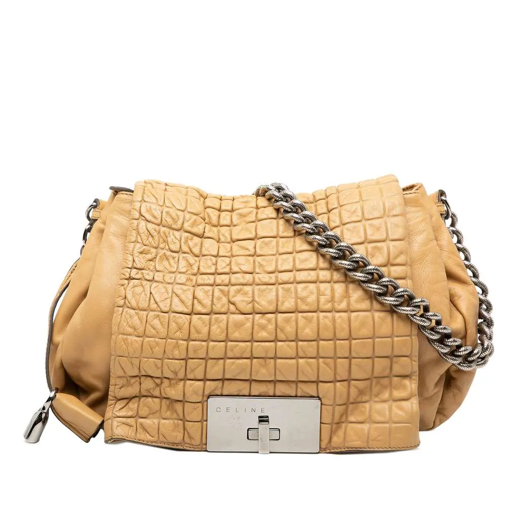 Celine Lambskin Watch Me Gauffre Flap Shoulder Bag Brown Leather Very good - Front View