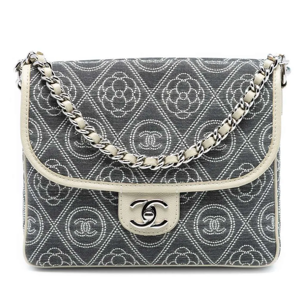Chanel Camellia Printed Canvas Double Side Flap Grey Canvas Good - Front View