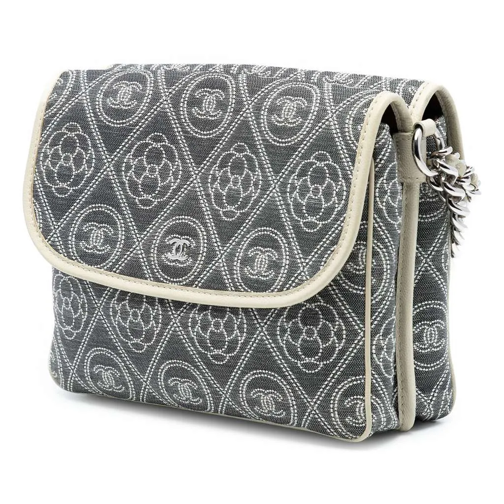 Chanel Camellia Printed Canvas Double Side Flap Grey Canvas Good - Back View