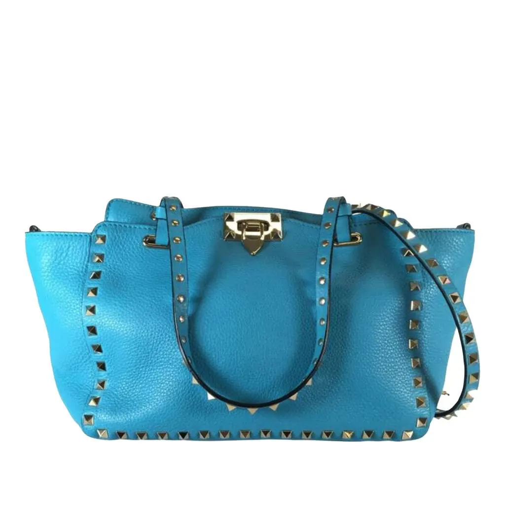 Valentino Small Grained Calfskin Rockstud Trapeze Satchel Blue Leather Very good - Front View